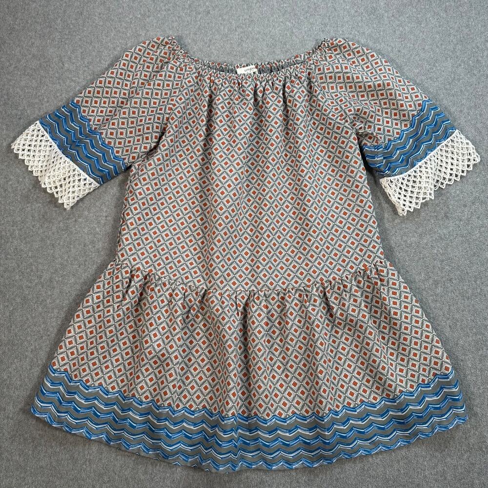 Umgee Drop Waist Off Shoulder Mini Dress Women's Small Crochet Trim Gray Blue